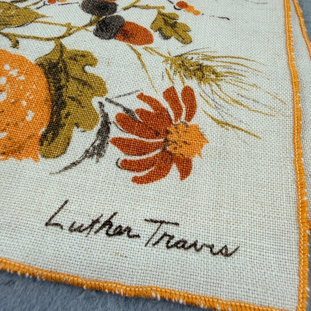 7pc Vtg Signed Luther Travis Fall Harvest Linen Set 4 Placemats‎ 3 Napkins Wheat